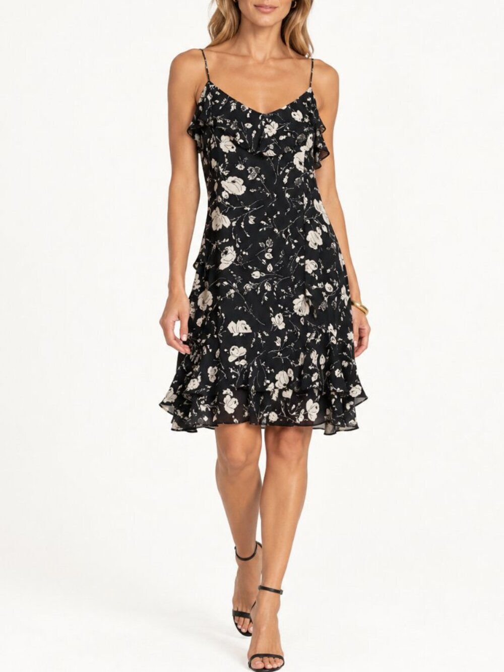 Ralph Lauren Black and White Floral Ruffle Dress Women’s size 12